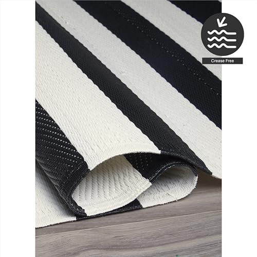 FH Home Outdoor Rug - Waterproof, Fade Resistant, Reversible - Premium Recycled Plastic - Striped - Large Patio, Deck, Sunroom, Camping, RV - Brittany Stripe - Black & White Crease Free - 5 x 8 ft - color: Brittany - Black & White, size: 5' x 8' (Rectangu