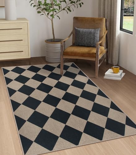 Rugalia Easy Jute Small Outdoor Patio Rug, 3x5 Black Checkered Entryway Rug Washable Modern Diamond Kitchen Rugs, Non-Slip Neutral Farmhouse Throw Carpet for Living Room Porch Backyard - color: Black Checkered, size: 3' x 5' (Rectangular)