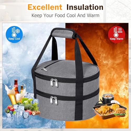 Round Double Insulated Casserole Carrier – 12" Portable Pie Carrier Bag for Hot or Cold Food, Leakproof Thermal Lunch Tote with Handle for Parties Picnic & Travel - Grey - color: Gray, size: Double