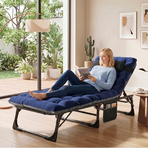 ABORON 3-in-1 Folding Patio Lounge Chair, 440LB Heavy-Duty Tri-Fold Guest Bed with Plush Cotton Cushion, No Assembly Adjustable Recliner for Office Nap, Patio Sunbathing, Poolside & Camping - color: Warm Copenhagen