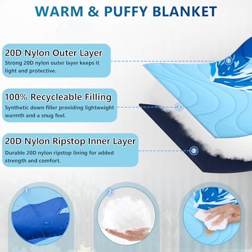 Camping Blanket Waterproof, Packable Down Alternative Puffy Printed Camp Blankets Ultra Warm Lightweight Hammock Top Quilt Outdoor Blanket for Travel Picnic Stadium Hiking Party Cold Weather 55"x78.8" - color: Blue Mountain Blanket