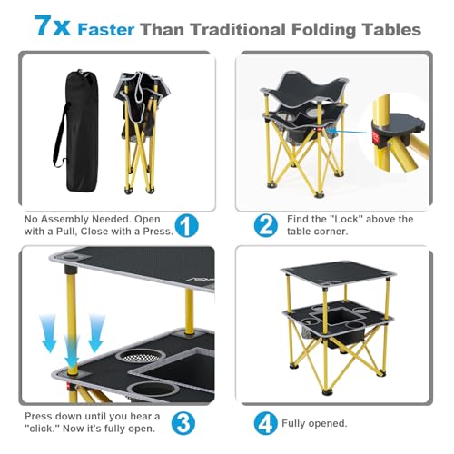 Folding Camping Table with 4 Cup Holders, Lightweight Portable Beach Outdoor Picnic Table, Square Camp Table with Built-in Food Basket Travel Bag for BBQ, Camping, Tailgate - color: Black