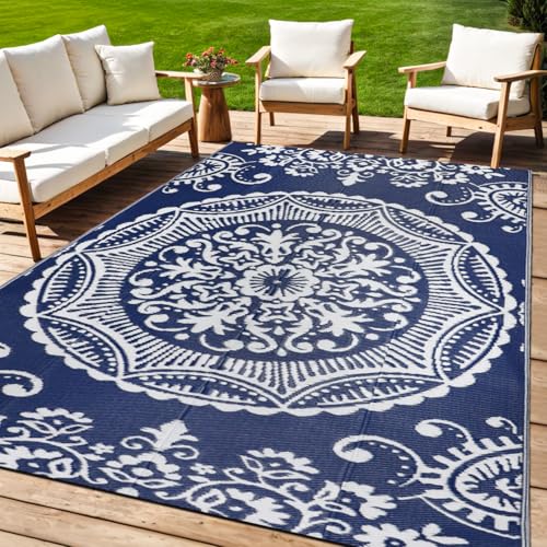 Capslpad Outdoor Rug 5x8 Blue Waterproof Outside Plastic Straw Rug, Reversible Boho Floral Balcony Carpet Foldable Camping Area Rug with Carry Bag for RV Patio Backyard Deck Bench Picnic Porch - color: Blue, size: 5' x 8' (Rectangular)