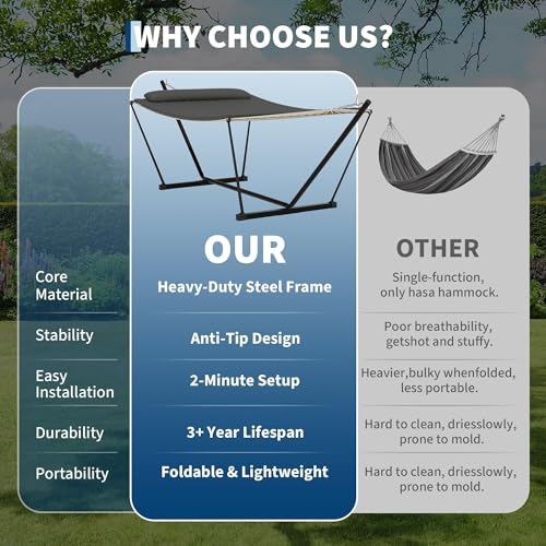 Garvee 2 Person Portable Double Hammock for Outdoor with Pillow, Heavy Duty Portable Hammock with Adjustable Steel Stand for Patio, Garden, Beach, Backyard - color: Dark Gray, size: T-shaped Bracket