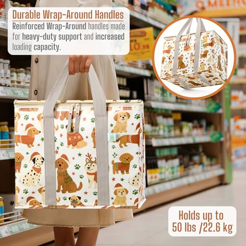 VENO 2 Pack Cooler Bag, Insulated Grocery Bags for Food Delivery, Collapsible Cooler, Reusable Shopping Bags for Groceries, Hard Bottom, Water Resistant, Zippered, Foldable (Holiday Pups, 2 Pack) - color: Holiday Pups, size: 15.7"W x 12.6"H x 8.7"D - 2 Pa