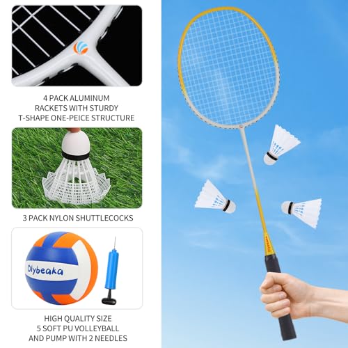 Badminton & Volleyball Combo Set 32 ft with Net, Anti-Sagging Design, 4 Badminton Rackets, 3 Birdies and PU Volleyball for Backyard Lawn Beach - color: Blue