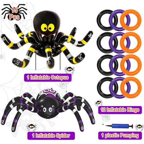 Max Fun Halloween Ring Toss Games for Kids, 2 Pack Inflatable Spiders Set Halloween Party Favor Supplies Holiday Carnival School Decoration Outdoor Indoor Spooky Creepy Game