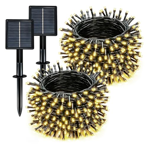 Solar String Lights Outdoor Waterproof 2 Pack Total 66ft 200LED 8 Modes Twinkle Lights Solar Fairy Lights for Patio, Garden Yard Party Wedding Tree Christmas Halloween Decoration, Warm White - color: Warm White