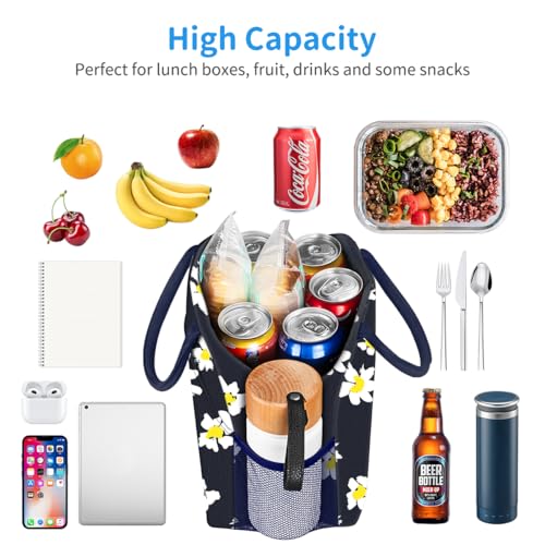 DALINDA Lunch Bag Lunch Box for Women Men Reusable Insulated Cooler Lunch Tote Bags, Leakproof Cute LunchBag Large Capacity for Work Travel Picnic, Daisy - color: Navy Daisy, size: Oxford cloth