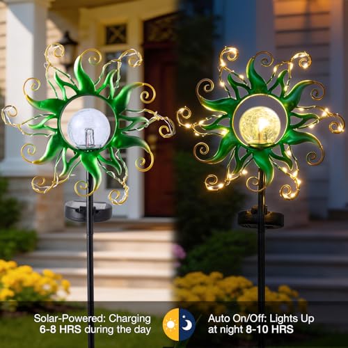 Solar Garden Lights Outdoor, Green Metal Sun Stake with 30 LED Waterproof Vine String Crackle Glass Spring Decor for Patio,Yardr,Lawn Gardening Birthday Gifts - color: Green