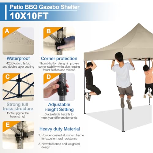 COBIZI 10x10 Pop Up Canopy Tent 10x10 Easy up Canopy, Heavy Duty Outdoor Canopy UPF 50+ All Weather Waterproof Instant Party Tents for Parties Gazebo with Handbag, Khaki(Windproof Upgraded) - color: Khaki, size: 10x10 Without Sidewalls