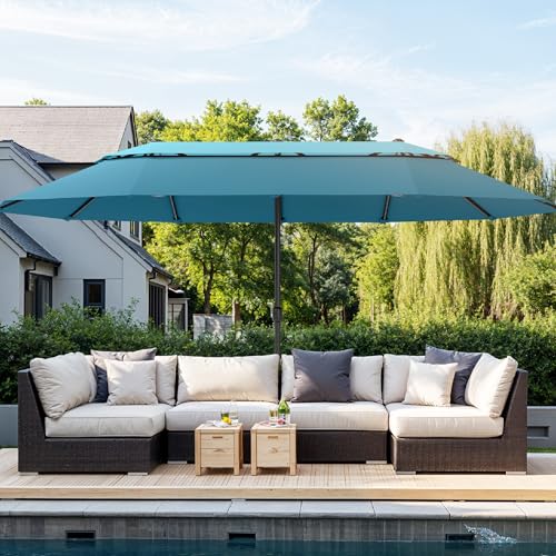 Sophia & William 15ft Extra Large Patio Umbrella with Base Included, 2-Tier Double-Sided Rectangle Outdoor Umbrella with Stand, Market Umbrella for Pool Garden Backyard, Blue & Cerulean - color: Blue&Cerulean 2-Tier