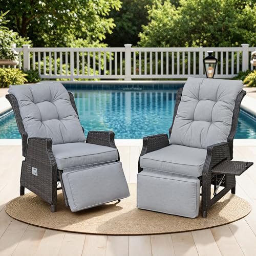 Outdoor Indoor Wicker Recliner with Adjustable Back and Footrest, Patio Reclining Chair with Flip-up Table, Outdoor Rattan Lounge Chair, Light Grey 2PCS - color: Light Grey, size: 2PCS