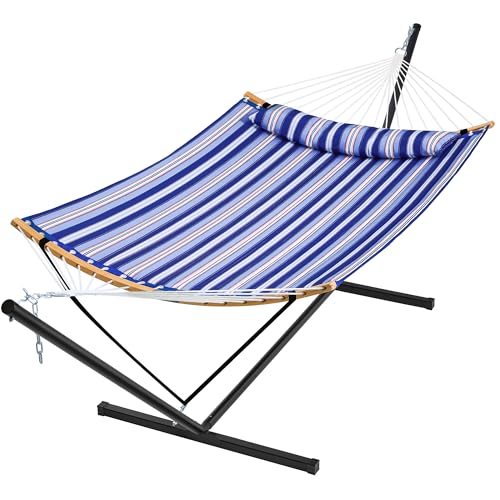SUPERJARE Hammock with Stand, 2 Person Heavy Duty Hammock with Padded Cotton, Detachable Pillow & Strong Curved-Bar & Portable Carrying Bag, Perfect for Outdoor & Indoor, Navy Blue Stripe - color: Navy Blue Stripe