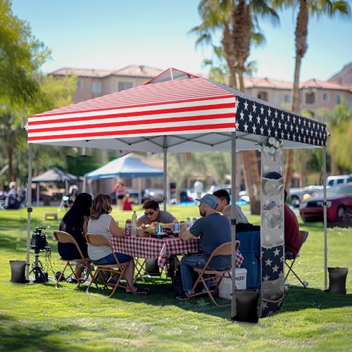 PHI VILLA 10x10 Pop Up Canopy Tent - One Push Setup, Instant Shade Tent with Vented Roof for Beach & Events - Includes Storage Bag, Sandbags, Stakes & Ropes (American Flag) - color: American flag, size: 10×10 one push