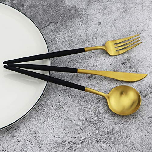 5-Piece 18/10 Stainless Steel Matte Gold Silverware Set, Kitchen Tableware Set, Dishwasher Safe - color: Black Handle Gold, size: Service for 1
