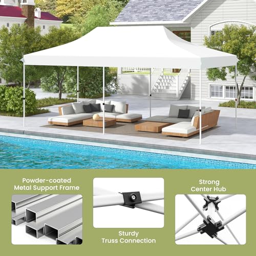 Tangkula 10x20 Ft Pop Up Canopy, Instant Setup Outdoor Tent with 6 Sand Bags, 12 Stakes & 6 Ropes, UPF 50+ Canopy Tent with Carrying Bag for Camp, Beach, Patio (White) - color: White, size: 10x20 Ft
