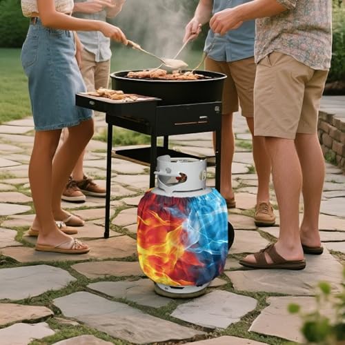 Propane Tank Covers 20lb Fire Outdoor Heavy Duty Waterproof Windproof Gas Tank Cylinder Cover with Elastic Brand, Dress up Your Gas Grill, Fits Standard 20lb Cylinder - color: Fire