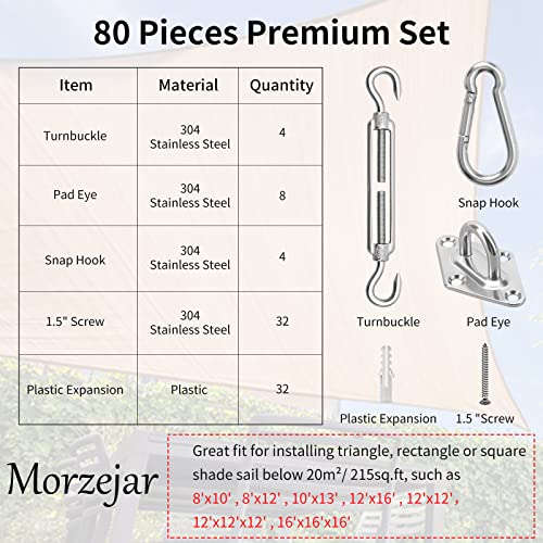 Morzejar Sun Shade Sail Hardware Kit 80pcs - 304 Stainless Steel Sunshades Canopy Installation Kit for Install Rectangle & Triangle Shade Sails Deck Garden Lawn Patio Outdoor Metal Sail Shade Hardware - color: silver 01