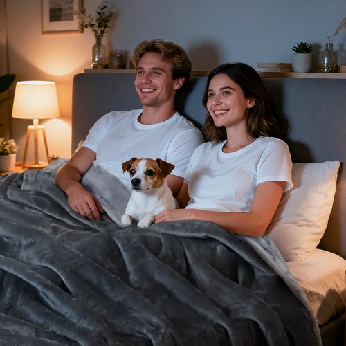 LOOBANI Waterproof Blanket for Bed: Reversible Soft Flannel Queen Bed Blanket 80" x 90", Waterproof Dog Blankets for Large Dogs, Spill-Proof Cover for Furniture Protection, Movie Time, Grey - color: Grey, size: 80" x 90"