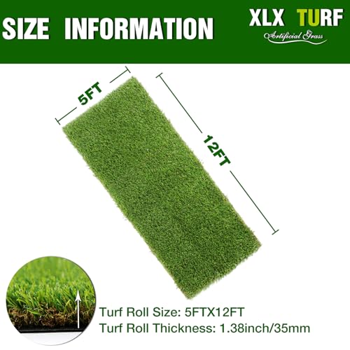 XLX TURF 5 FT x 12 FT Realistic Artificial Grass Outdoor Rug - Thick Fake Grass Turf Carpet for Patio Balcony Dogs, Pets Friendly - 1.38" High Pile with Drainage Hole - size: 5' x 12' (Rectangular)
