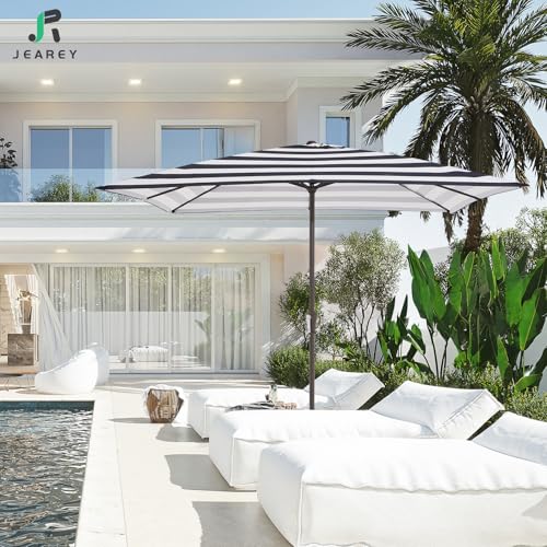JEAREY 8x10 ft Rectangular Patio Umbrellas Outdoor Table Market Umbrella w/Crank, 8 Sturdy Ribs, UV Protection Windproof Sunproof for Garden, Deck, Backyard, Pool(Black Striped) - color: Black Striped, size: 8x10ft