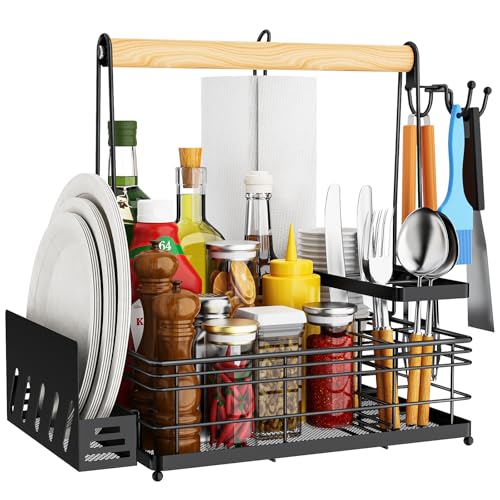 JBBTOOL Grill Caddy, BBQ Caddy with Paper Towel Holder & Utensil Holder, Picnic Caddy Organizer for Outdoor Cooking, Camping Essentials, Tailgating, Camping Must-Have for Patio, RV, Camper - style: Grill Caddy B
