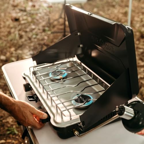 GasOne Portable Camping Stove – Double Propane Stove with Auto Twist Turn Ignition – 22,000 BTU Camping Cooktop with 2 Burners and Wind Guard – Ideal for Tailgating, Fishing, Travel - color: Midnight Blue