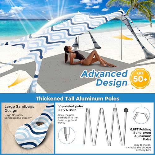 Beach Canopy Beach Tent Pop Up Shade 10x10ft Sun Shelter UPF50+ with 8 Sandbags-2 Sand Shovel-4 Aluminum Poles-Ground Pegs-Portable Carrying Bag for Outdoor Family Camping Fishing Yard Picnic - color: Sea Wave