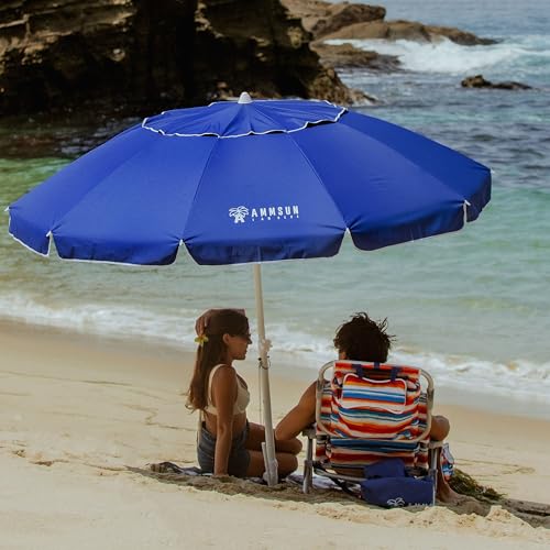AMMSUN 8 Feet Large Beach Umbrella with Sand Anchor Heavy Duty High Wind Portable Outdoor Umbrellas UV 50+ Protection Air Vent Tilt Patio Garden Pool - color: Blue