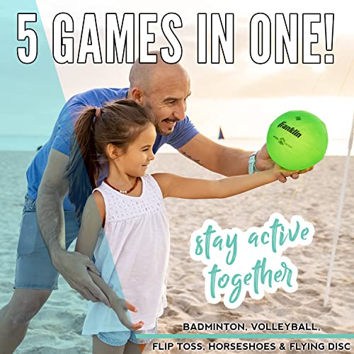 Franklin Sports Fun 5 Combo Outdoor Game Set - Backyard, Beach + Camping Games for Kids - Badminton, Volleyball, Flip Toss, Flying Disc - Horseshoes or Ring Toss - style: Blue Combo Set