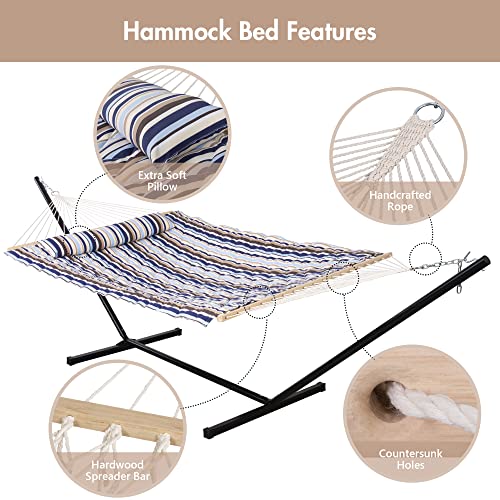 ANOW Outdoor Double Hammock with Stand, Portable Hammock with Detachable Pillow and Pad for Garden Yard Outside, 450 LBS Weight Capacity, Blue Seaside - color: Blue Seaside, size: With Stand