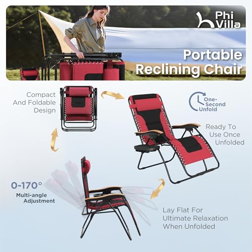 PHI VILLA XXL Oversized Padded Zero Gravity Chair, Foldable Patio Recliner, 30" Wide Seat Anti Gravity Lounger with Cup Holder, Support 400 LBS (Red) - color: Red, style: 1 Pcs