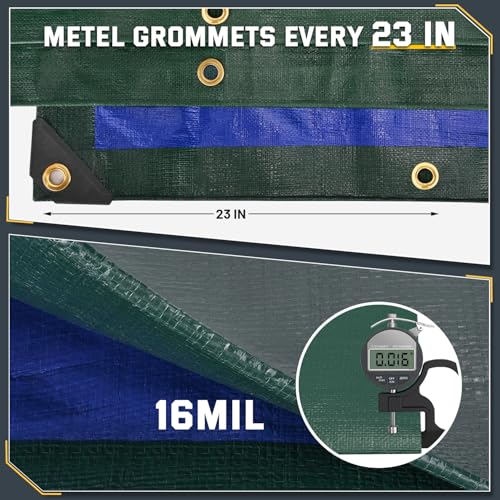 Kesfitt 16 Mil Heavy Duty Waterproof Tarp with Metal Grommets, Dark Green & Blue Reversible Poly Tarp, 10x12 ft, for Outdoor Protection, Yard, Garden, Farm, Camping & Equipment Coverage - color: 16mil-green/Blue, size: 10x12 ft