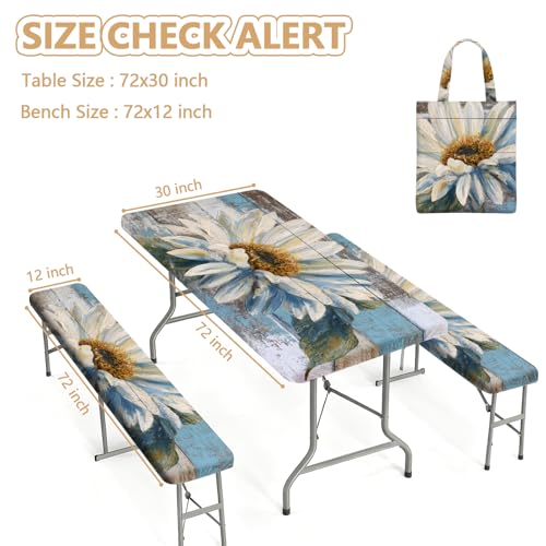 Picnic Table Cover with Bench Covers Elastic Edges, Outdoor Patio Camping Essentials 72 Inch 3PCS, Waterproof Camping Fitted Tablecloth with Handbags (Wood flower) - color: Wooden board watercolor chrysanthemums