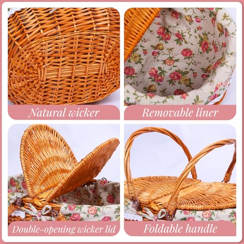Wicker Picnic Basket with Handle, 15" Large Picnic Basket with Lid & Removable Liner, Vintage Hand Woven Basket with Cutlery Set for Picnics, Camping, Thanksgiving, and Birthday - color: Flower, size: 4-person