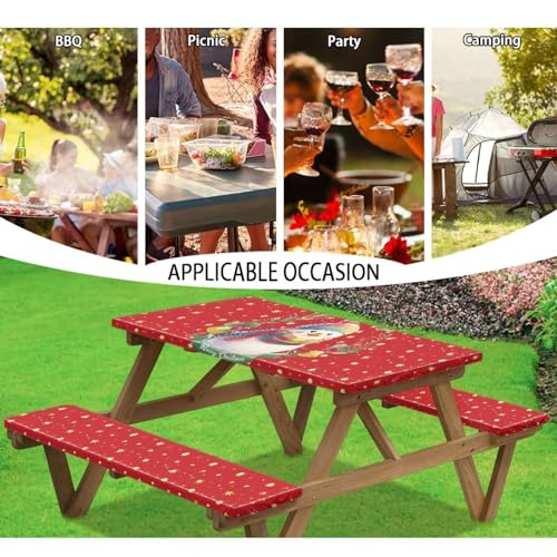 Camping Tablecloth with Elastic Band for Camping Party Supplies Christmas Snowman Picnic Table Cover with Bench Covers 3 PCS - color: Christmas Snowman, size: Small