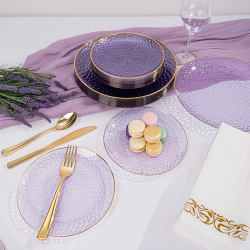 DaYammi 350 Pcs Clear Purple Gold Plastic Plates, Hammered Disposable Dinnerware, Clear Purple Plates Set Include 100 Plastic Platos, 150 Gold Disposable Silverware, 50 Cups And 50 Napkins for Party - color: Clear Purple, size: 350 Pcs