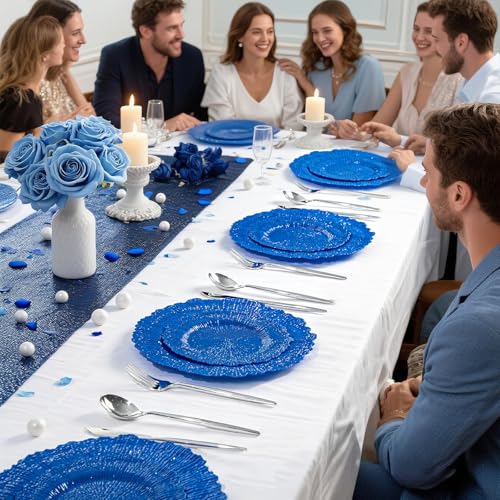 DaYammi 60Pcs Blue Plastic Plates - Sapphire Blue Plates Disposable & Reusable - Heavy Duty Plastic Plates for Party Including 30 Dinner Plate,30 Dessert Plate for Weddings,Dinner - color: Sapphire Blue