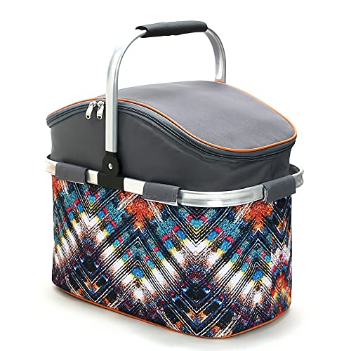 Insulated Picnic Basket 26L Portable Collapsible Market Leakproof Tote with Aluminum Handle for Camping, Shopping, Travel, Large Size (Orange) - color: Orange