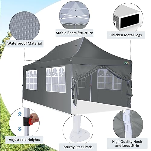 COBIZI 10x20 Pop Up Canopy with 6 Sidewalls, Conical Party Tent 10x20 with 3 Adjustable Height Waterproof, UV-Resistant with Carry Bag, Sandbag, Stake, Ropes for Parties, Commercial (Frame Upgraded) - color: Gray, size: 10x20FT