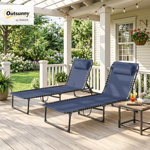 Outsunny Folding Chaise Lounge Chair Set of 2, Patio Sun Tanning Chair, Outdoor Chaise Lounger with 4-Position Reclining Back, Breathable Mesh Seat for Beach, Poolside, Dark Blue - color: Dark Blue, size: 2 Packs