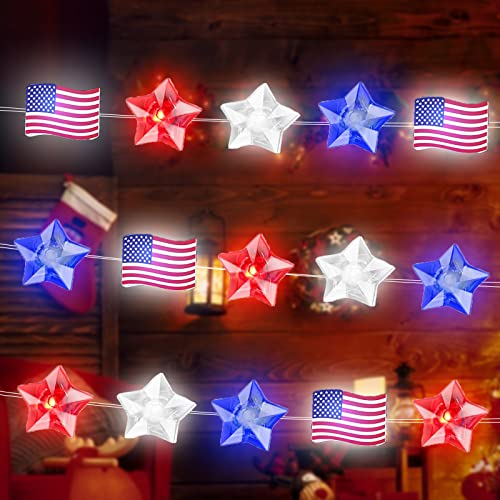 Zhanmai 2 Pcs 4th of July Decorations Lights Red White Blue String Lights 10ft 30 LED Patriotic Stars American Flag Battery Operated Decor for Fourth of July Independence Day, Star Flag - style: Star, Flag