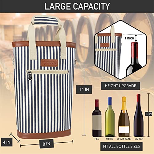 opux Two Bottle Wine Bag Carrier Tote, Insulated Leakproof 2 Bottle Wine Cooler Bag for Travel BYOB Picnic, Portable Wine Case, Gift for Men Women Wine Lover Birthday Party Christmas, Navy Stripes - color: Navy Stripes