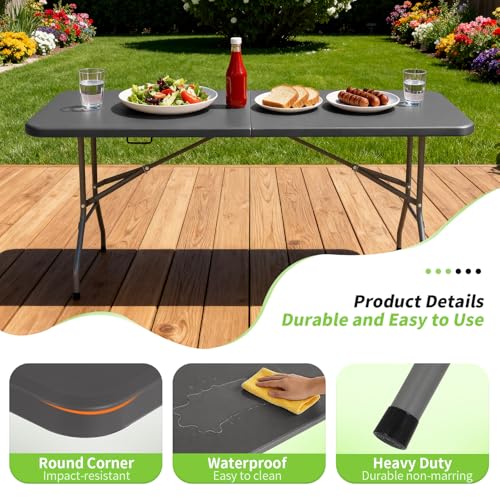 BestOffice 6 FT Picnic Table, Portable Plastic Folding Table with Carrying Handle Perfect for Picnics, Parties, Party and Camping, Grey - color: Grey, size: 6 FT 70"x28"