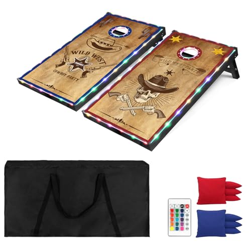 LED Cornhole Set, 3 x 2ft / 4 x2 ft Cornhole Board Game Set, Corn Hole Outdoor Game, Multi-Design with Light-Up Border, 8 Bean Bags, Carrying Case for Backyard, Beach, Lawn - color: Western Theme, size: 3'x2'