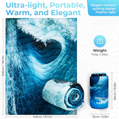 KingCamp Ultralight Camping Blanket, Packable Down Alternative Puffy Printed Wearable Blanket with Snap Buttons & Corner Loops Weatherproof Quilt for Outdoor Travel Stadium (78.7"L x 57.1"W SEAWAVE) - color: Scenictrail-seawave, size: 79" x 57"