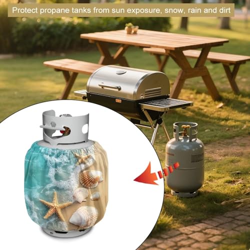 Propane Tank Covers 20lb Starfish Outdoor Heavy Duty Waterproof Windproof Blue Gas Tank Cylinder Cover with Elastic Brand Dress up Your Gas Grill, Fits Standard 20lb Cylinder - color: Starfish Blue