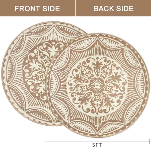 Capslpad 5x5 Floral Outdoor Rug for Patio Clearance Reversible Mat Round Portable Plastic Straw Carpet Waterproof Boho Indoor Outside Area Rugs for RV Camping Picnic Balcony Beach Deck, Light Beige - color: Light Beige, size: 5' (Round)