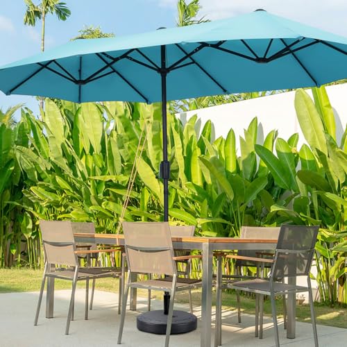 13Ft Large Patio Umbrella with Base Outdoor Double-Sided Market Extra Large Table Umbrella Easy Crank for Yard, Poolside, Deck-Blue - color: Blue, size: 13FT Umbrella+Base